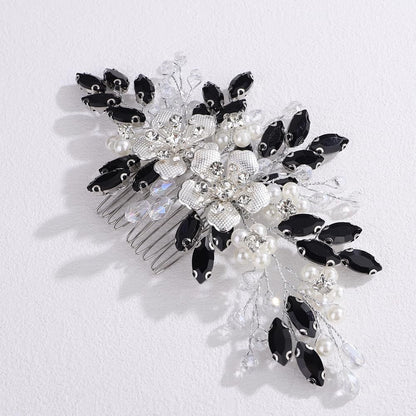 Lenjicons Dainty Rhinestone Pearls Hair Comb - Black Rhinestone Flowers Wedding Headpiece Silver Flowers Pearls Bridal Hairpiece for Brides Bridesmaid