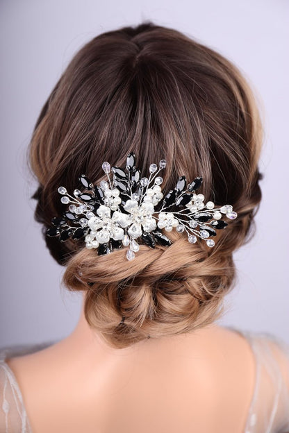 Lenjicons Dainty Rhinestone Pearls Hair Comb - Black Rhinestone Flowers Wedding Headpiece Silver Flowers Pearls Bridal Hairpiece for Brides Bridesmaid