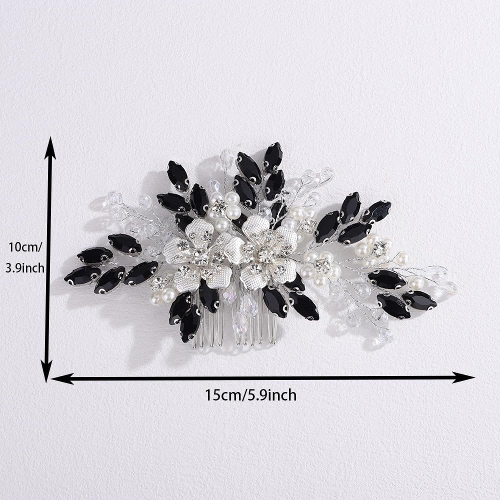 Lenjicons Dainty Rhinestone Pearls Hair Comb - Black Rhinestone Flowers Wedding Headpiece Silver Flowers Pearls Bridal Hairpiece for Brides Bridesmaid - görsel 7