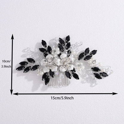 Lenjicons Dainty Rhinestone Pearls Hair Comb - Black Rhinestone Flowers Wedding Headpiece Silver Flowers Pearls Bridal Hairpiece for Brides Bridesmaid