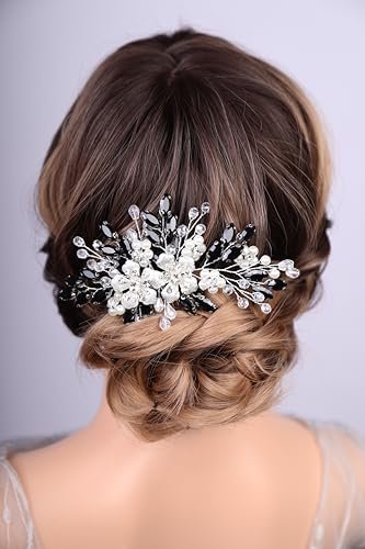 Lenjicons Dainty Rhinestone Pearls Hair Comb - Black Rhinestone Flowers Wedding Headpiece Silver Flowers Pearls Bridal Hairpiece for Brides Bridesmaid - görsel 2