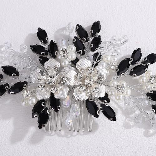Lenjicons Dainty Rhinestone Pearls Hair Comb - Black Rhinestone Flowers Wedding Headpiece Silver Flowers Pearls Bridal Hairpiece for Brides Bridesmaid - görsel 12