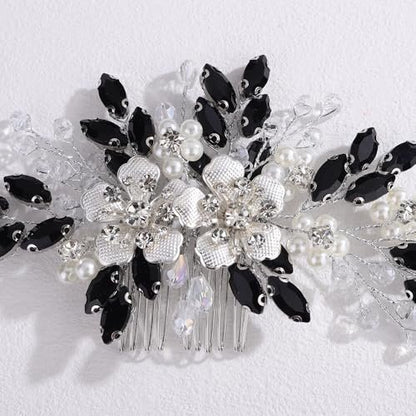 Lenjicons Dainty Rhinestone Pearls Hair Comb - Black Rhinestone Flowers Wedding Headpiece Silver Flowers Pearls Bridal Hairpiece for Brides Bridesmaid