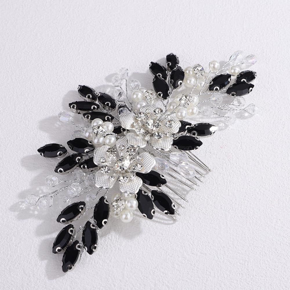 Lenjicons Dainty Rhinestone Pearls Hair Comb - Black Rhinestone Flowers Wedding Headpiece Silver Flowers Pearls Bridal Hairpiece for Brides Bridesmaid - görsel 9