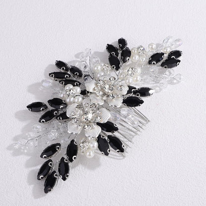 Lenjicons Dainty Rhinestone Pearls Hair Comb - Black Rhinestone Flowers Wedding Headpiece Silver Flowers Pearls Bridal Hairpiece for Brides Bridesmaid