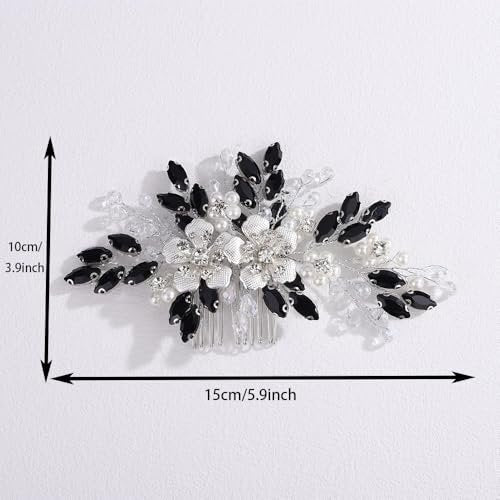 Lenjicons Dainty Rhinestone Pearls Hair Comb - Black Rhinestone Flowers Wedding Headpiece Silver Flowers Pearls Bridal Hairpiece for Brides Bridesmaid - görsel 8