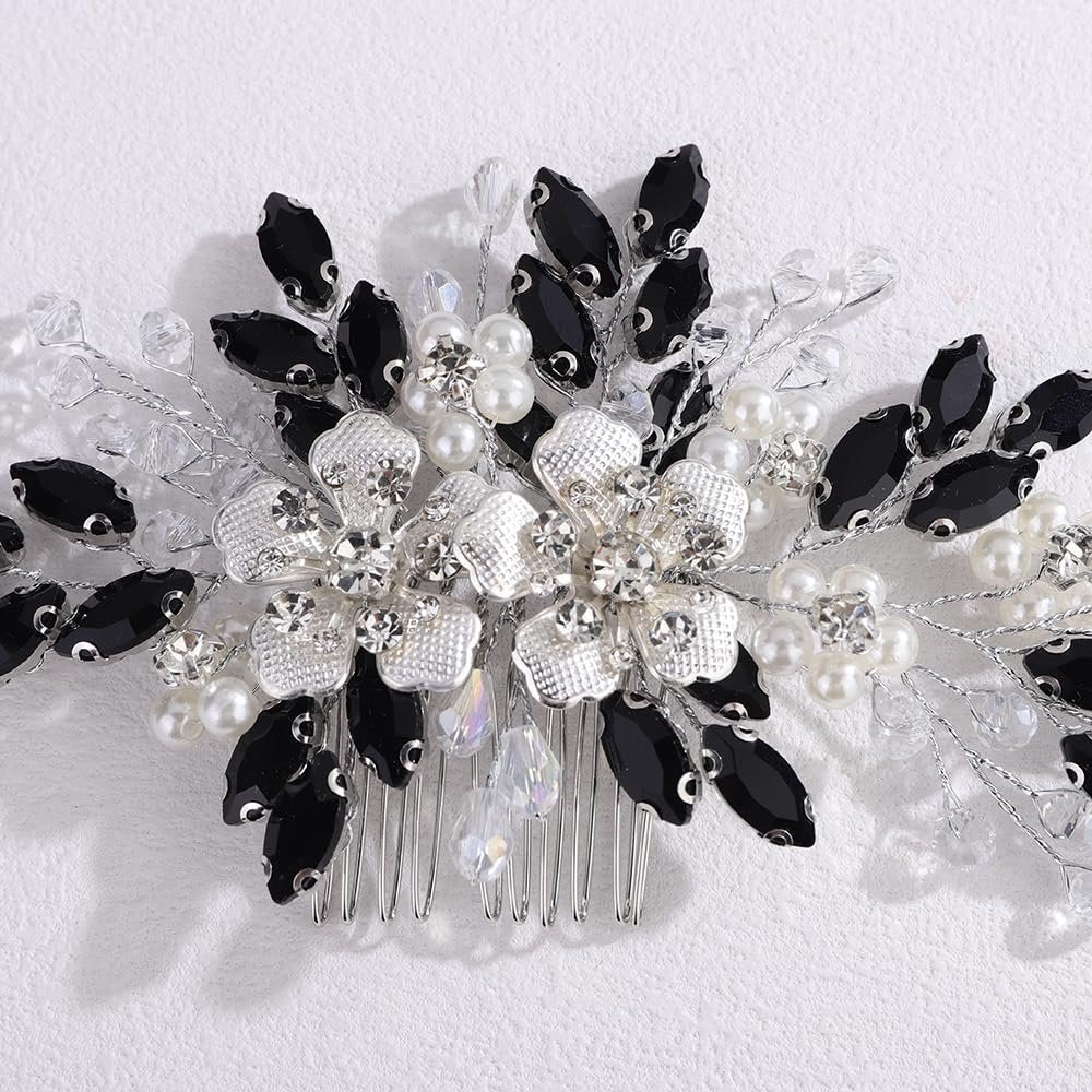 Lenjicons Dainty Rhinestone Pearls Hair Comb - Black Rhinestone Flowers Wedding Headpiece Silver Flowers Pearls Bridal Hairpiece for Brides Bridesmaid - görsel 11