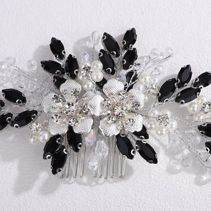 Lenjicons Dainty Rhinestone Pearls Hair Comb - Black Rhinestone Flowers Wedding Headpiece Silver Flowers Pearls Bridal Hairpiece for Brides Bridesmaid