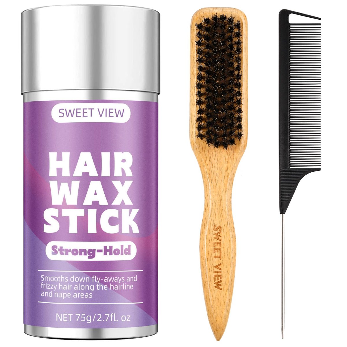 SWEET VIEW Hair Wax Stick & Boar Bristle Slick Back Hair Brush – Tame Flyaways, Frizz, Sleek Ponytails & Buns for Women - görsel 1