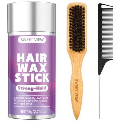 SWEET VIEW Hair Wax Stick & Boar Bristle Slick Back Hair Brush – Tame Flyaways, Frizz, Sleek Ponytails & Buns for Women
