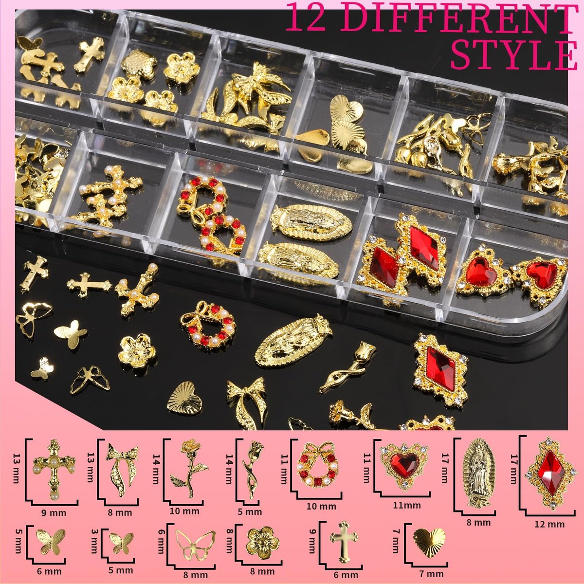 Teenitor Gold Nail Charms Set – Flatback Pearls, 3D Gems, Heart Star Cross Charms for Nail Art Design - görsel 3