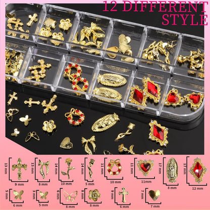 Teenitor Gold Nail Charms Set – Flatback Pearls, 3D Gems, Heart Star Cross Charms for Nail Art Design