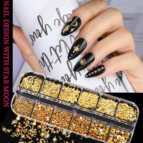 Teenitor Gold Nail Charms Set – Flatback Pearls, 3D Gems, Heart Star Cross Charms for Nail Art Design - görsel 14