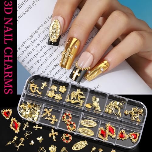 Teenitor Gold Nail Charms Set – Flatback Pearls, 3D Gems, Heart Star Cross Charms for Nail Art Design - görsel 8