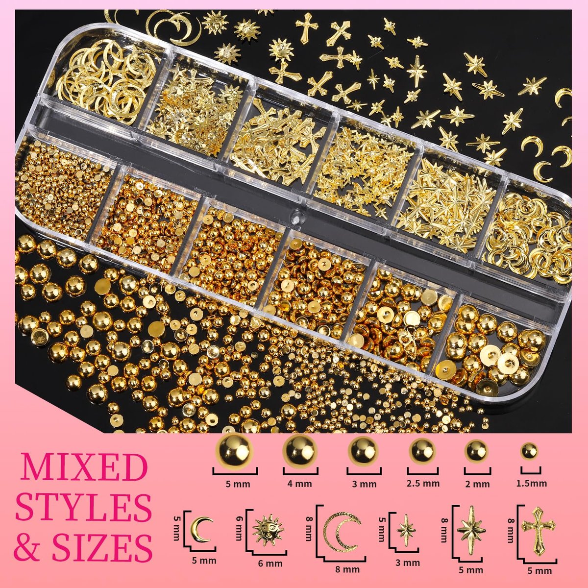 Teenitor Gold Nail Charms Set – Flatback Pearls, 3D Gems, Heart Star Cross Charms for Nail Art Design - görsel 5