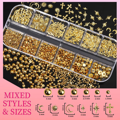 Teenitor Gold Nail Charms Set – Flatback Pearls, 3D Gems, Heart Star Cross Charms for Nail Art Design