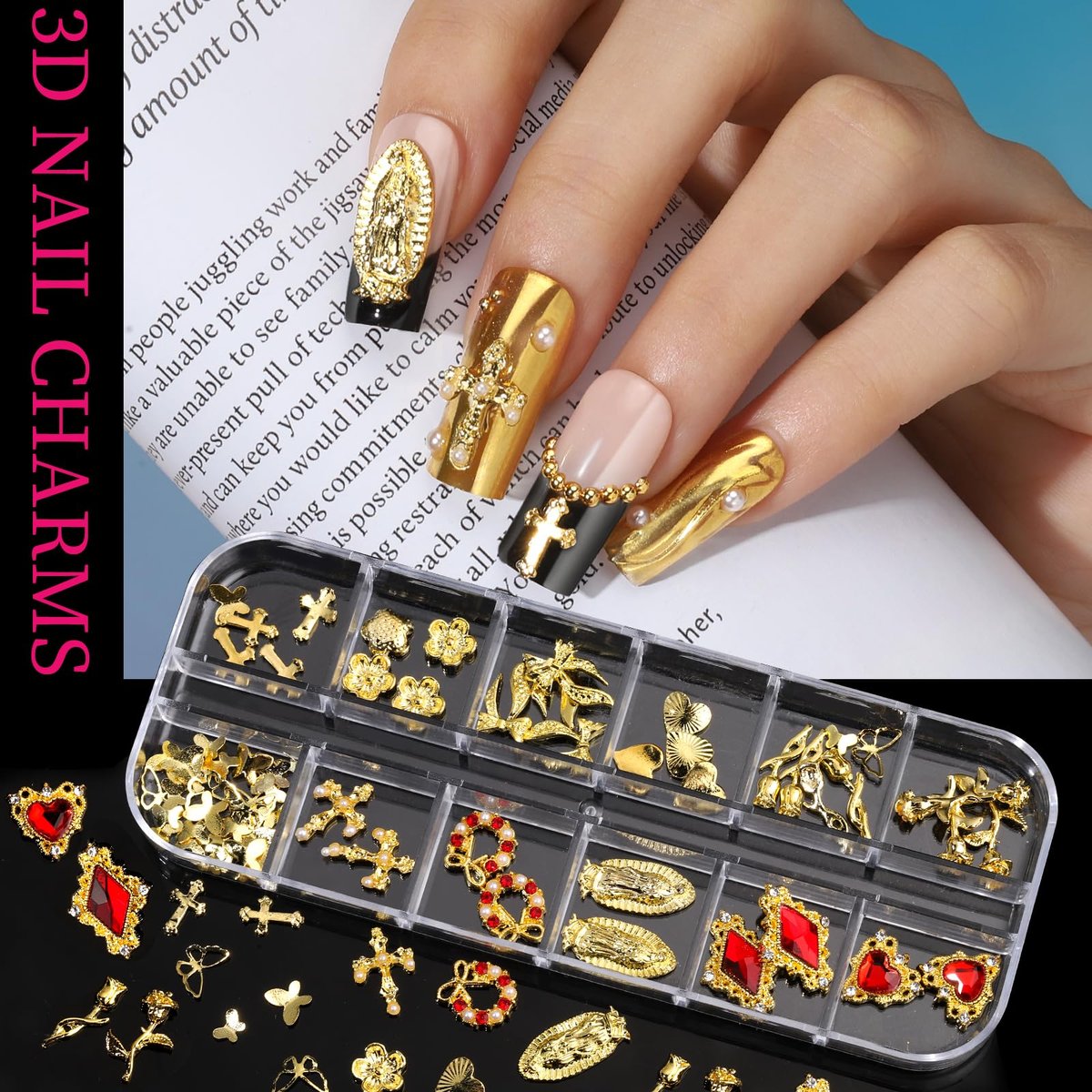 Teenitor Gold Nail Charms Set – Flatback Pearls, 3D Gems, Heart Star Cross Charms for Nail Art Design - görsel 7