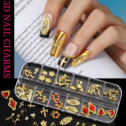 Teenitor Gold Nail Charms Set – Flatback Pearls, 3D Gems, Heart Star Cross Charms for Nail Art Design