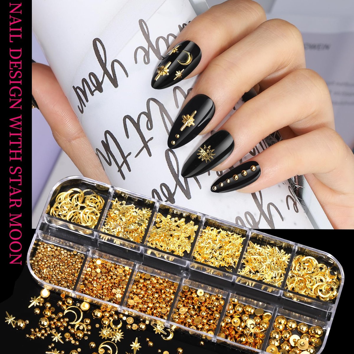 Teenitor Gold Nail Charms Set – Flatback Pearls, 3D Gems, Heart Star Cross Charms for Nail Art Design - görsel 13