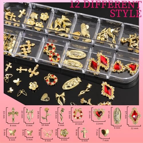 Teenitor Gold Nail Charms Set – Flatback Pearls, 3D Gems, Heart Star Cross Charms for Nail Art Design - görsel 4