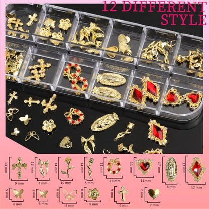 Teenitor Gold Nail Charms Set – Flatback Pearls, 3D Gems, Heart Star Cross Charms for Nail Art Design