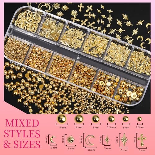 Teenitor Gold Nail Charms Set – Flatback Pearls, 3D Gems, Heart Star Cross Charms for Nail Art Design - görsel 6