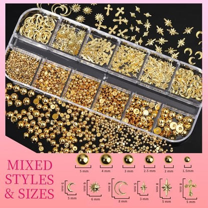 Teenitor Gold Nail Charms Set – Flatback Pearls, 3D Gems, Heart Star Cross Charms for Nail Art Design