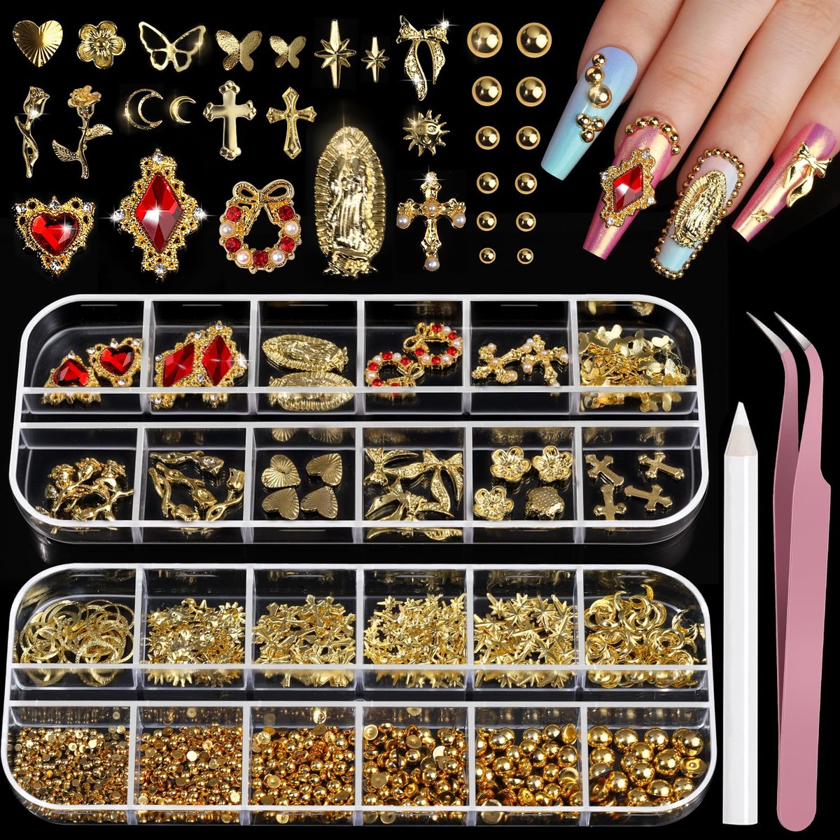 Teenitor Gold Nail Charms Set – Flatback Pearls, 3D Gems, Heart Star Cross Charms for Nail Art Design - görsel 1
