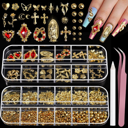 Teenitor Gold Nail Charms Set – Flatback Pearls, 3D Gems, Heart Star Cross Charms for Nail Art Design