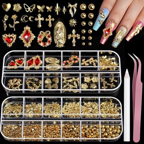Teenitor Gold Nail Charms Set – Flatback Pearls, 3D Gems, Heart Star Cross Charms for Nail Art Design - görsel 2