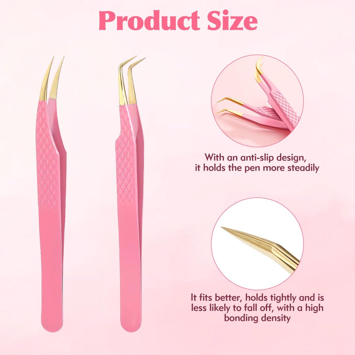 2-Piece Professional Lash Tweezers Set – Bent & Straight Tip Precision Stainless Steel Tweezers for Eyelash Extensions, Non-Slip Grip (Pink) - görsel 3