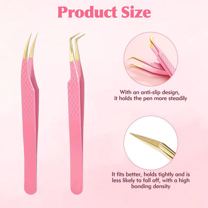 2-Piece Professional Lash Tweezers Set – Bent & Straight Tip Precision Stainless Steel Tweezers for Eyelash Extensions, Non-Slip Grip (Pink)