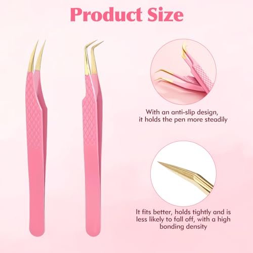 2-Piece Professional Lash Tweezers Set – Bent & Straight Tip Precision Stainless Steel Tweezers for Eyelash Extensions, Non-Slip Grip (Pink) - görsel 4