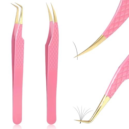 2-Piece Professional Lash Tweezers Set – Bent & Straight Tip Precision Stainless Steel Tweezers for Eyelash Extensions, Non-Slip Grip (Pink) - görsel 2