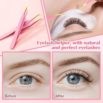 2-Piece Professional Lash Tweezers Set – Bent & Straight Tip Precision Stainless Steel Tweezers for Eyelash Extensions, Non-Slip Grip (Pink)