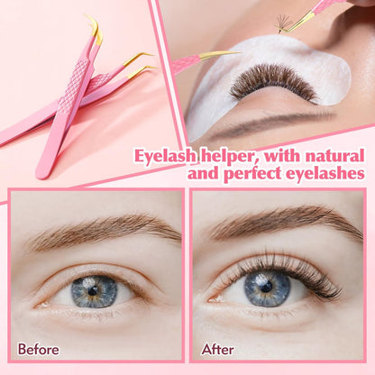 2-Piece Professional Lash Tweezers Set – Bent & Straight Tip Precision Stainless Steel Tweezers for Eyelash Extensions, Non-Slip Grip (Pink)
