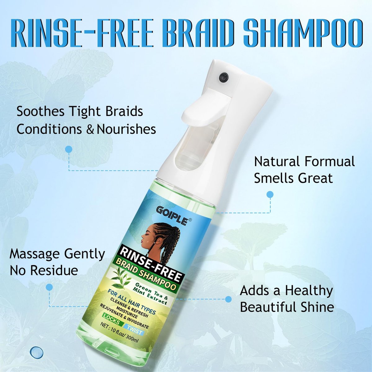 10 FL OZ Rinse-Free Shampoo for Braids, Locs, Twists, Weaves & Dreadlocks – No Water Dry Spray for Buildup, Odor, Itch & Flakes, No Residue, Chemical Free Avelisse