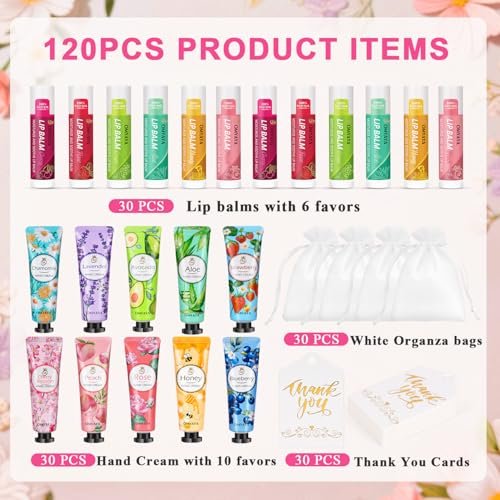 30 Sets Bulk Gifts for Women – Lip Balm & Hand Cream Gift Set with Organza Bags & Thank You Cards, Party Favors for Bridal Wedding, Baby Shower, Teacher Appreciation Avelisse