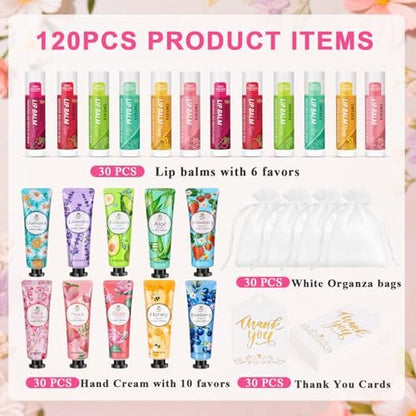 30 Sets Bulk Gifts for Women – Lip Balm & Hand Cream Gift Set with Organza Bags & Thank You Cards, Party Favors for Bridal Wedding, Baby Shower, Teacher Appreciation Avelisse
