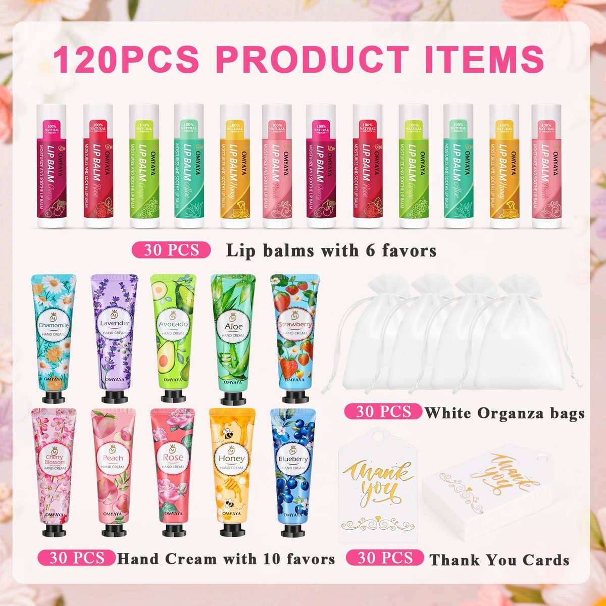 30 Sets Bulk Gifts for Women – Lip Balm & Hand Cream Gift Set with Organza Bags & Thank You Cards, Party Favors for Bridal Wedding, Baby Shower, Teacher Appreciation Avelisse