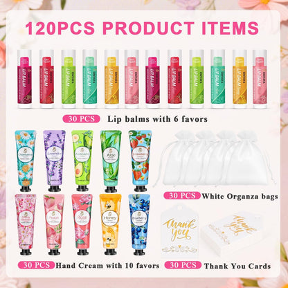 30 Sets Bulk Gifts for Women – Lip Balm & Hand Cream Gift Set with Organza Bags & Thank You Cards, Party Favors for Bridal Wedding, Baby Shower, Teacher Appreciation Avelisse
