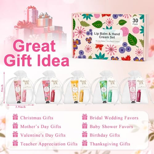 30 Sets Bulk Gifts for Women – Lip Balm & Hand Cream Gift Set with Organza Bags & Thank You Cards, Party Favors for Bridal Wedding, Baby Shower, Teacher Appreciation Avelisse