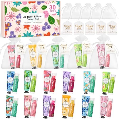 30 Sets Bulk Gifts for Women – Lip Balm & Hand Cream Gift Set with Organza Bags & Thank You Cards, Party Favors for Bridal Wedding, Baby Shower, Teacher Appreciation Avelisse