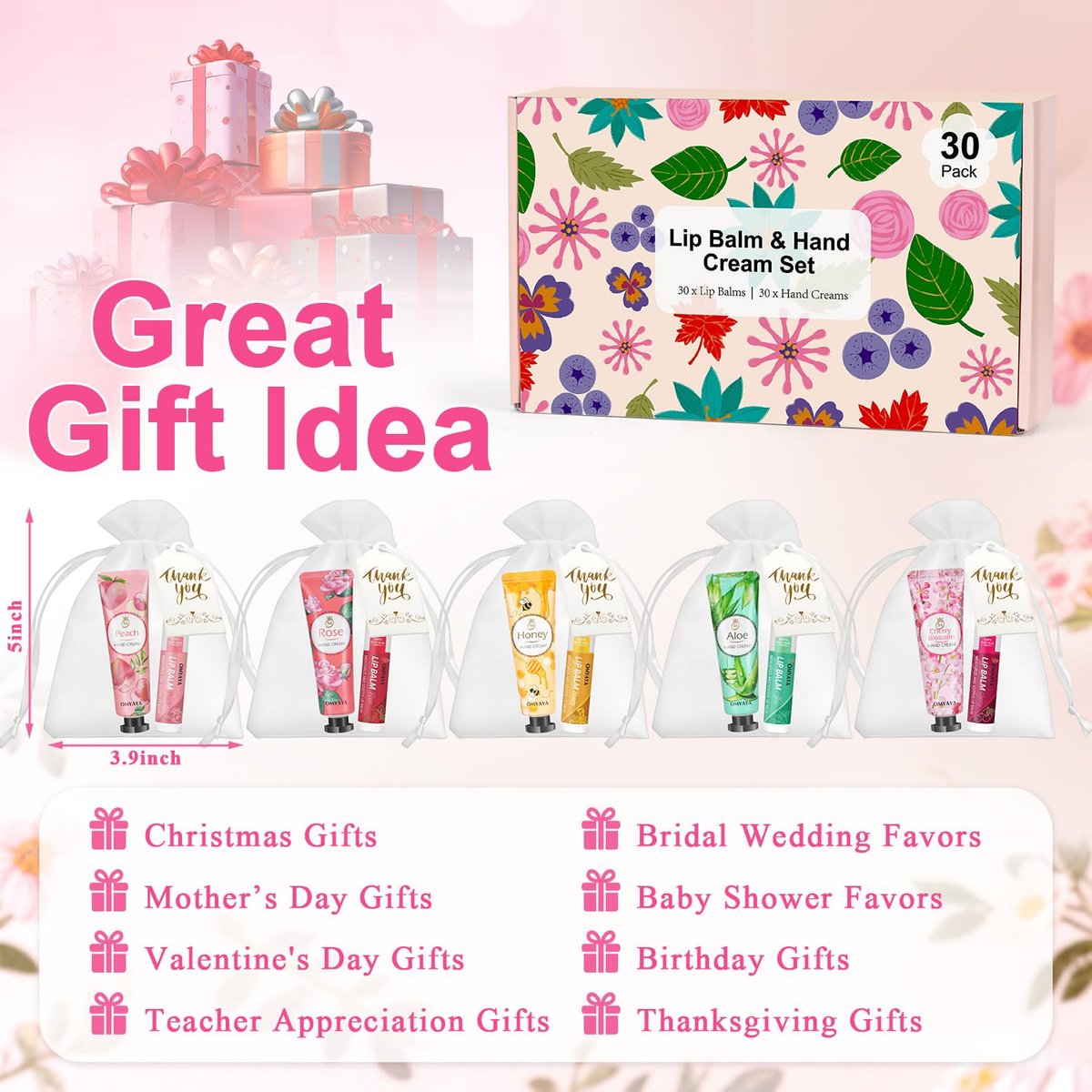 30 Sets Bulk Gifts for Women – Lip Balm & Hand Cream Gift Set with Organza Bags & Thank You Cards, Party Favors for Bridal Wedding, Baby Shower, Teacher Appreciation Avelisse