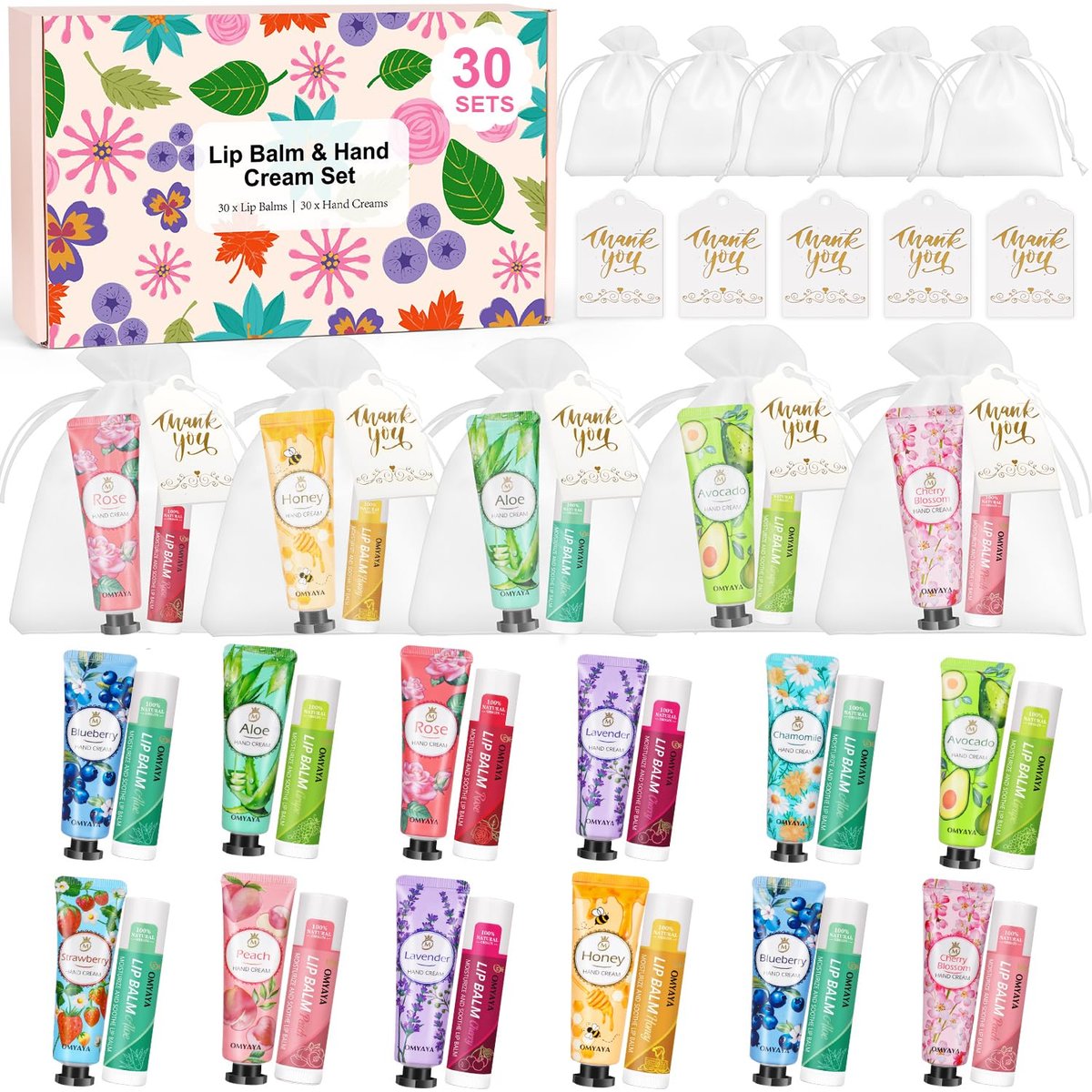 30 Sets Bulk Gifts for Women – Lip Balm & Hand Cream Gift Set with Organza Bags & Thank You Cards, Party Favors for Bridal Wedding, Baby Shower, Teacher Appreciation Avelisse