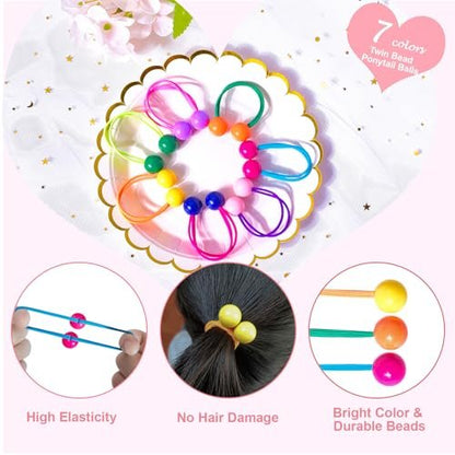 14 Pcs Ball Charm Hair Ties for Girls, Double Balls Hair Ties, No Damage Soft Elastic Ponytail Holders with Colorful Bubble Beads for Kids Toddler Women
