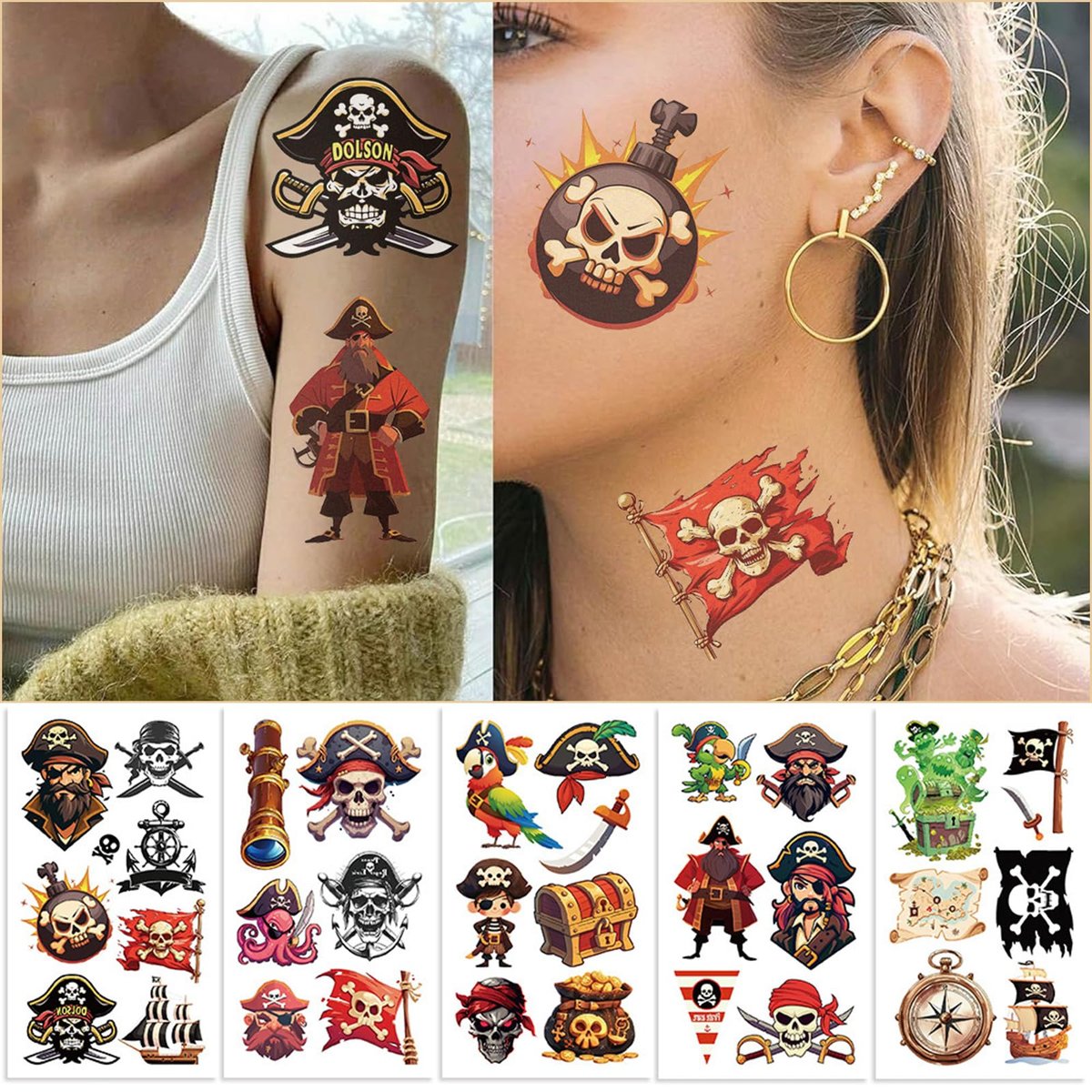 10 Sheets Pirate Temporary Tattoos for Kids & Adults – Waterproof, 3x3 Inches, Fun Pirate Stickers for Pirate-Themed Birthday Party Decorations - görsel 8