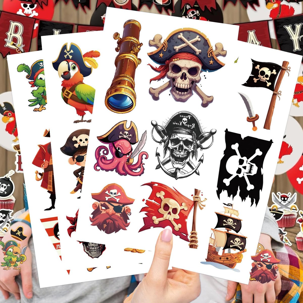10 Sheets Pirate Temporary Tattoos for Kids & Adults – Waterproof, 3x3 Inches, Fun Pirate Stickers for Pirate-Themed Birthday Party Decorations - görsel 10