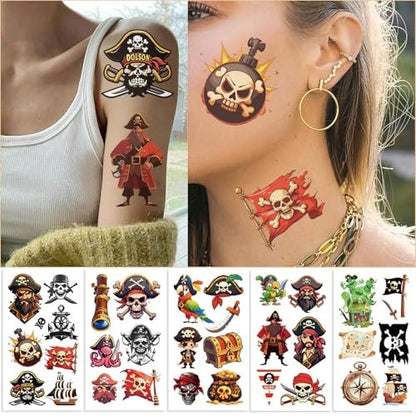 10 Sheets Pirate Temporary Tattoos for Kids & Adults – Waterproof, 3x3 Inches, Fun Pirate Stickers for Pirate-Themed Birthday Party Decorations