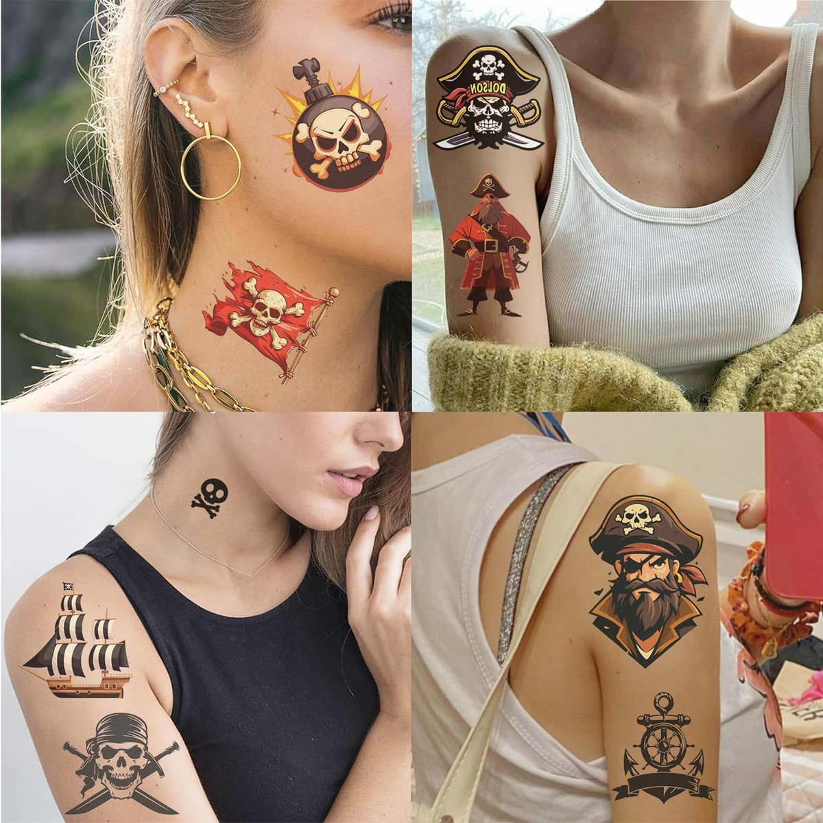 10 Sheets Pirate Temporary Tattoos for Kids & Adults – Waterproof, 3x3 Inches, Fun Pirate Stickers for Pirate-Themed Birthday Party Decorations - görsel 6
